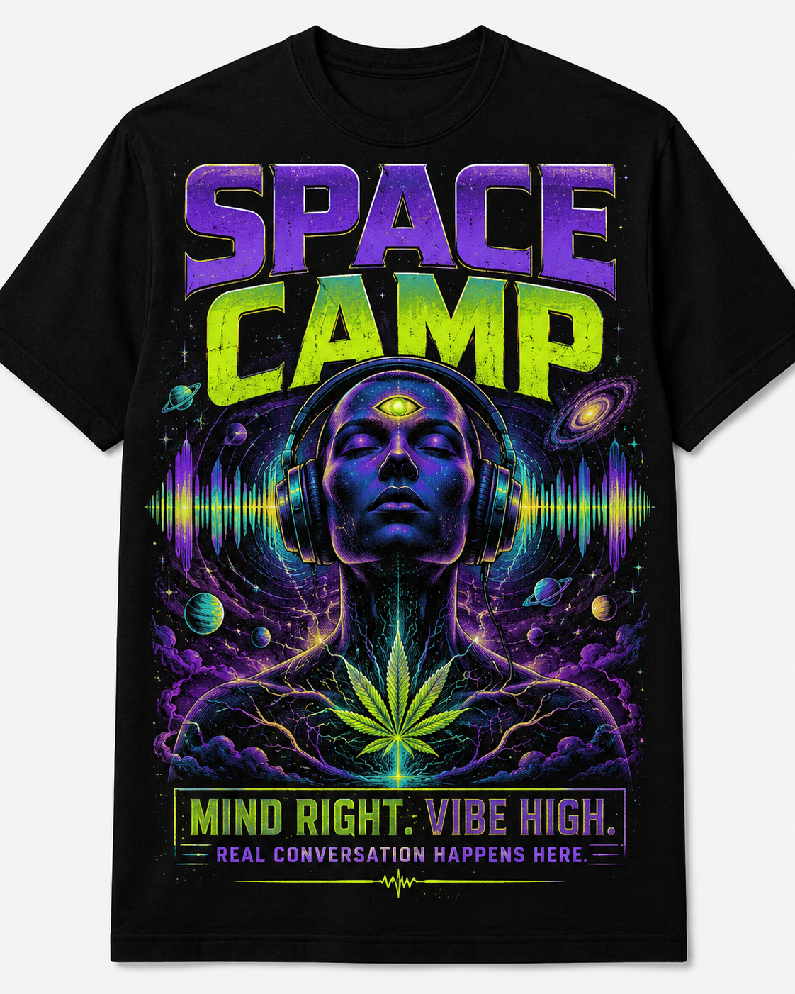 White graphic tee artwork featuring three aliens inside a flying saucer with planets, pizza, and cosmic accessories