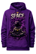 Space Camp purple hoodie with meditating astronaut graphic