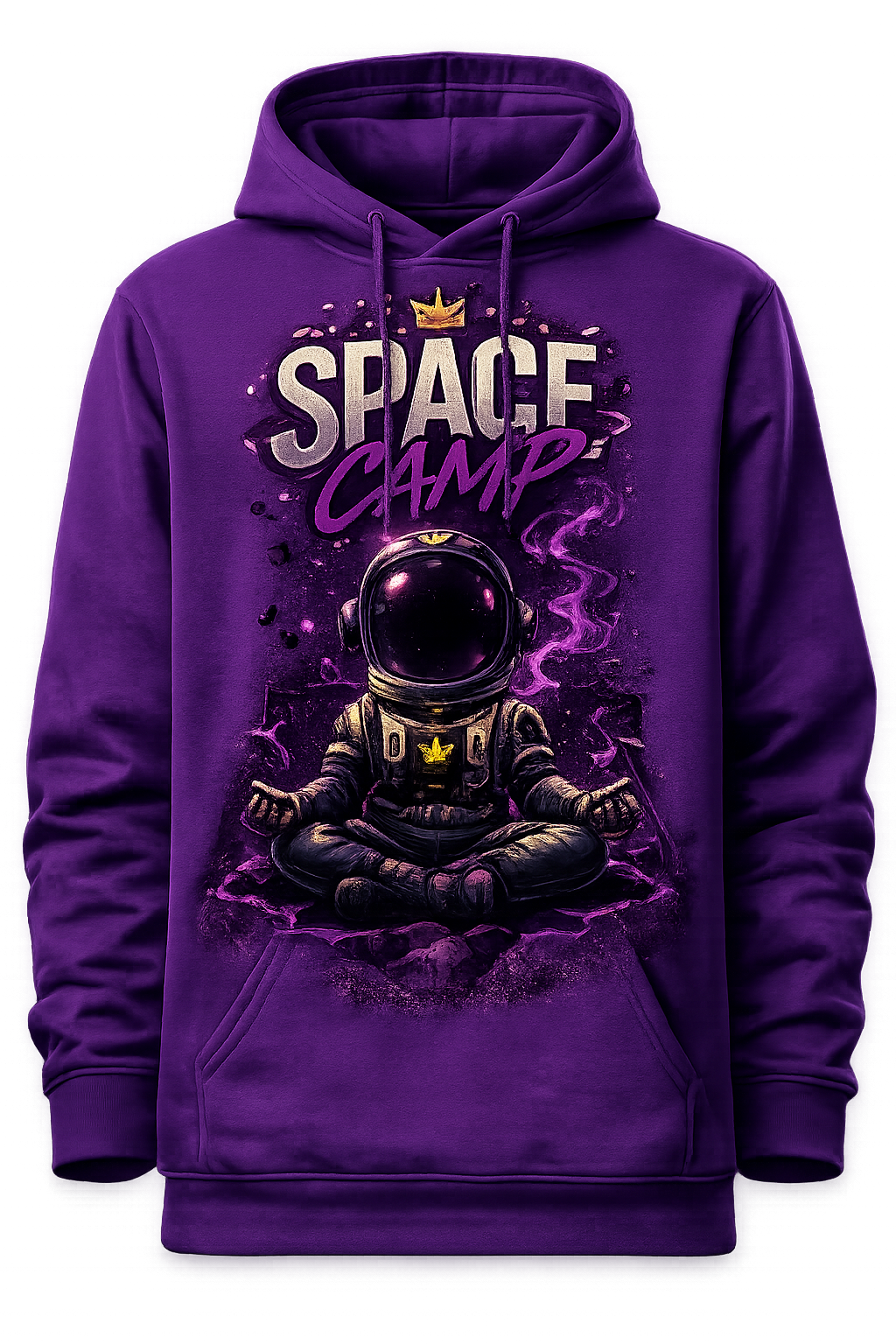 Space Camp purple hoodie with meditating astronaut graphic