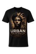 Urban Originals black graphic t-shirt with split-face ancestral design