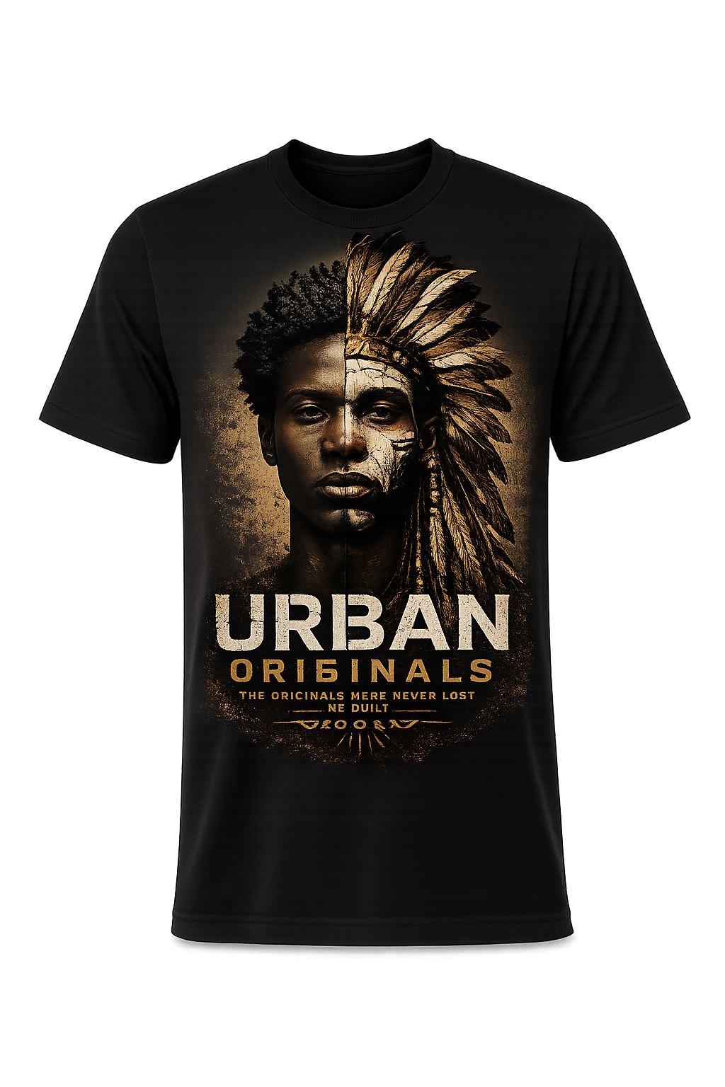 Urban Originals black graphic t-shirt with split-face ancestral design
