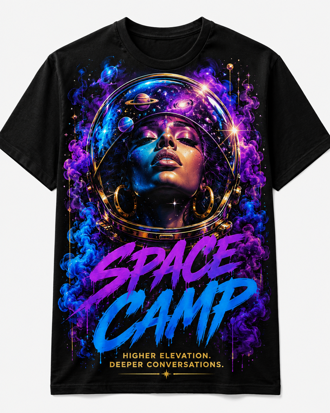 Tan graphic tee artwork featuring a cratered moon character, planets, a cosmic leaf, and Outta This World lettering