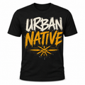Urban Native black graphic t-shirt with bold graffiti style text and sun symbol