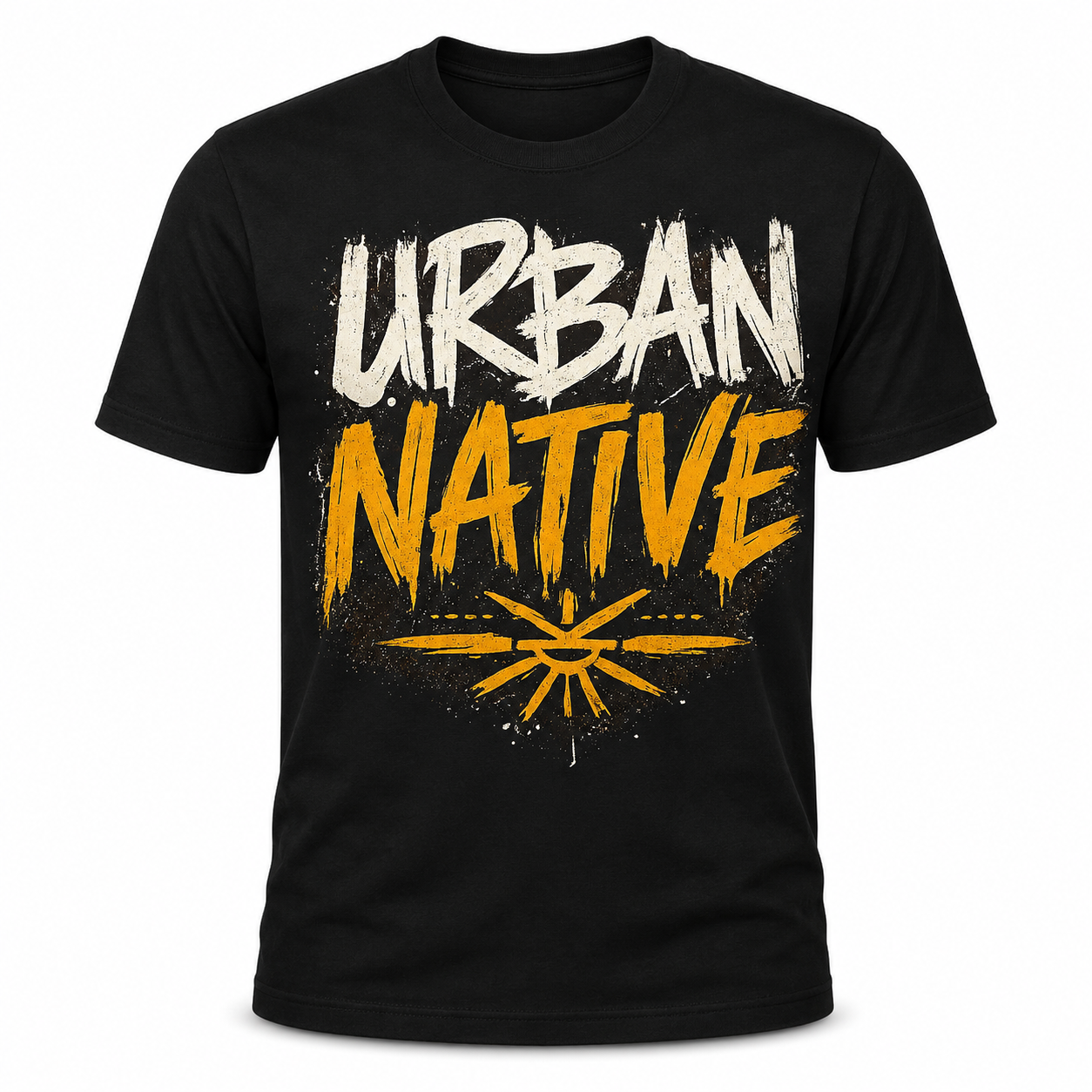 Urban Native black graphic t-shirt with bold graffiti style text and sun symbol