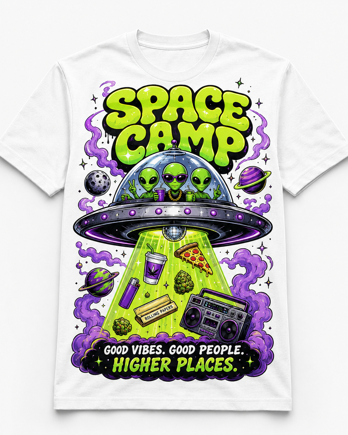 White graphic tee artwork featuring a neon green UFO beaming up a boombox, pizza, and space camp theme