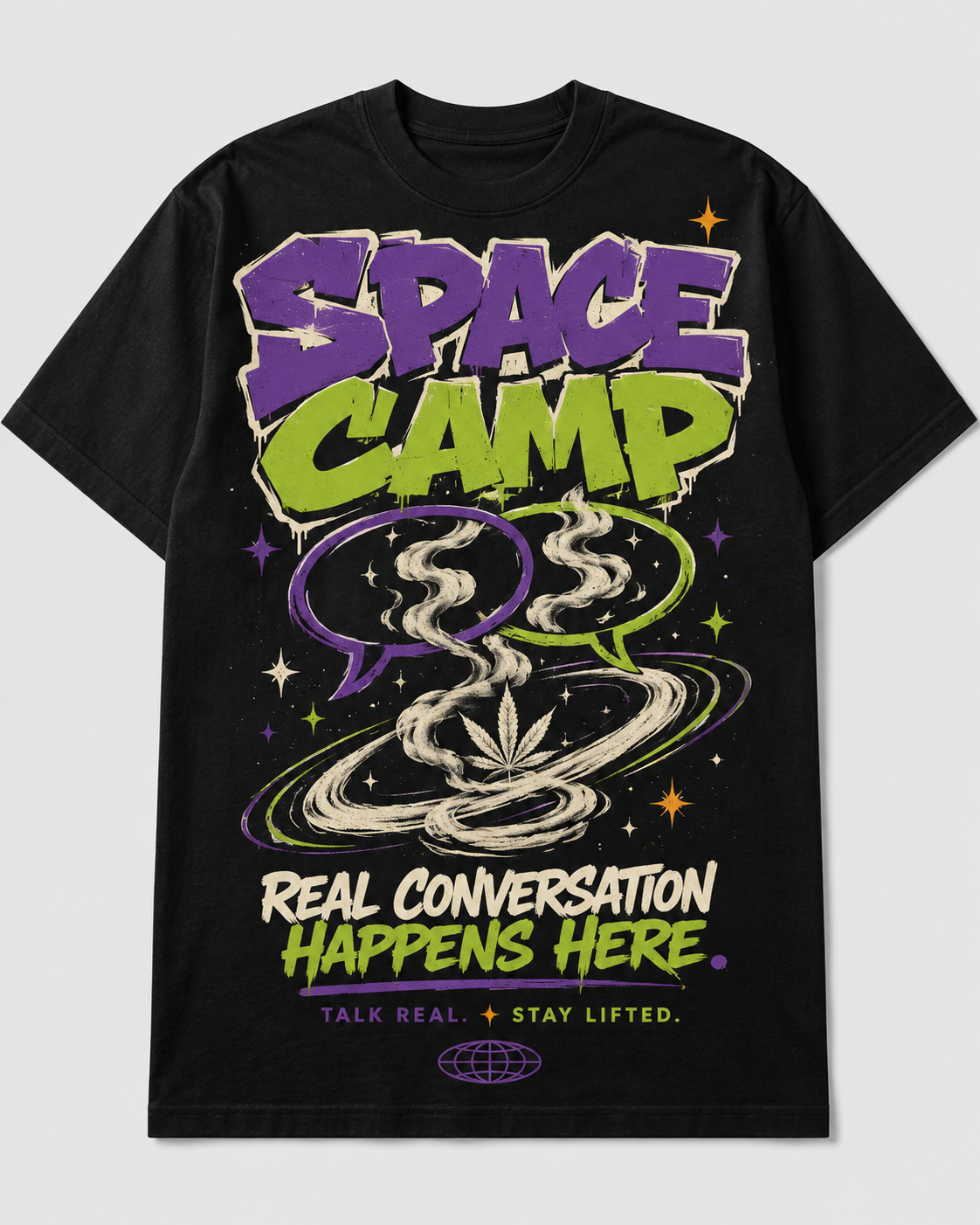 Black graphic tee artwork featuring Space Camp lettering, colorful speech bubbles, smoke trails, stars, and a cosmic leaf