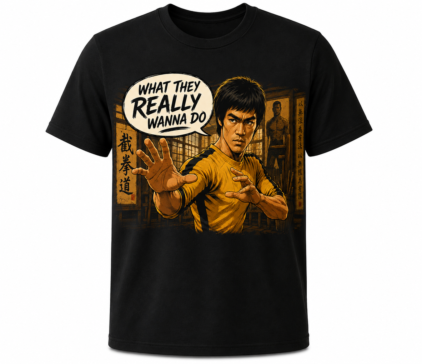 What They Really Wanna Do black graphic t-shirt with martial arts comic style design