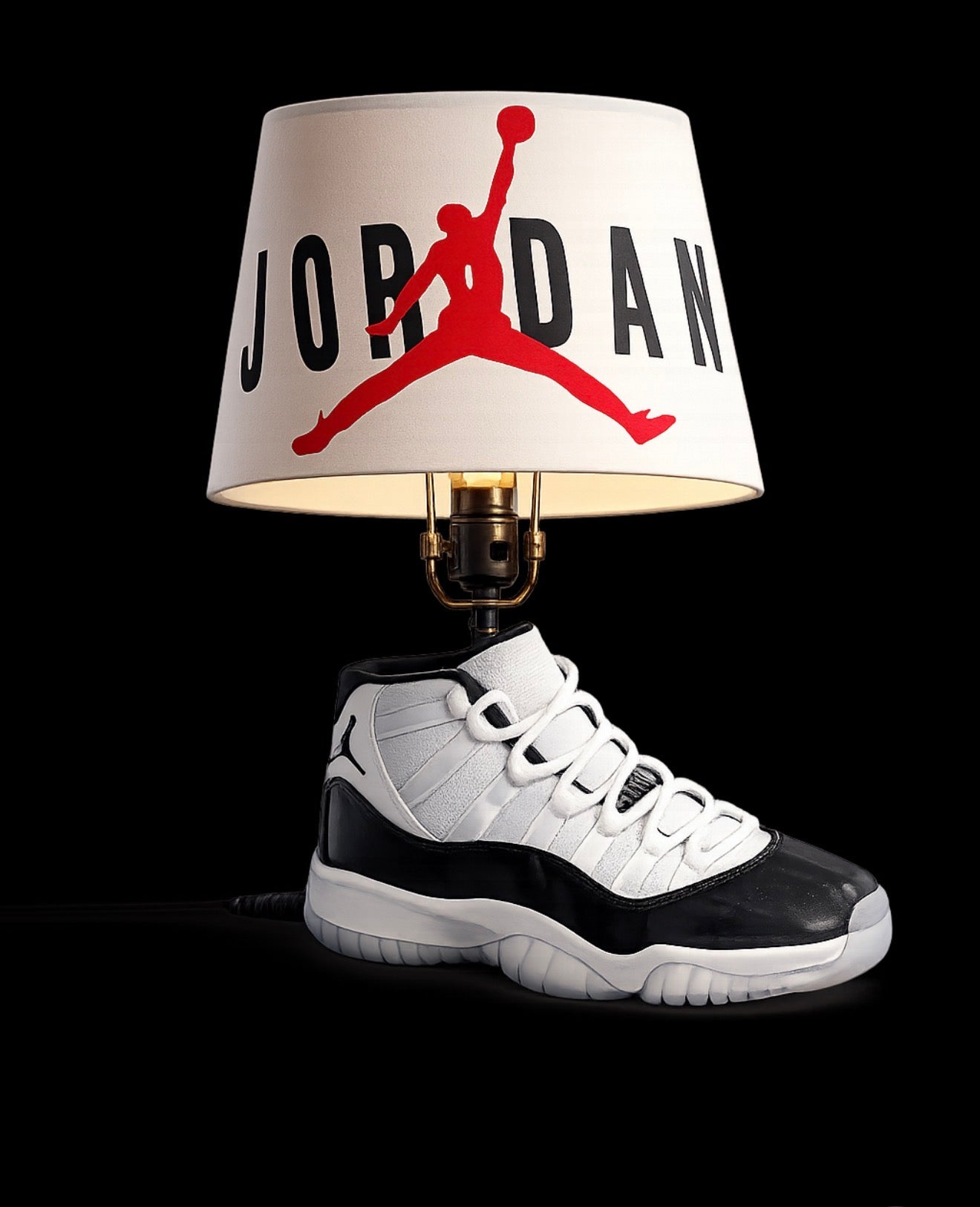 Concord sneaker lamp with Jordan inspired lampshade and black and white high-top base