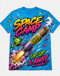 Black graphic tee artwork featuring a cosmic woman in a space helmet with blue and purple nebula colors