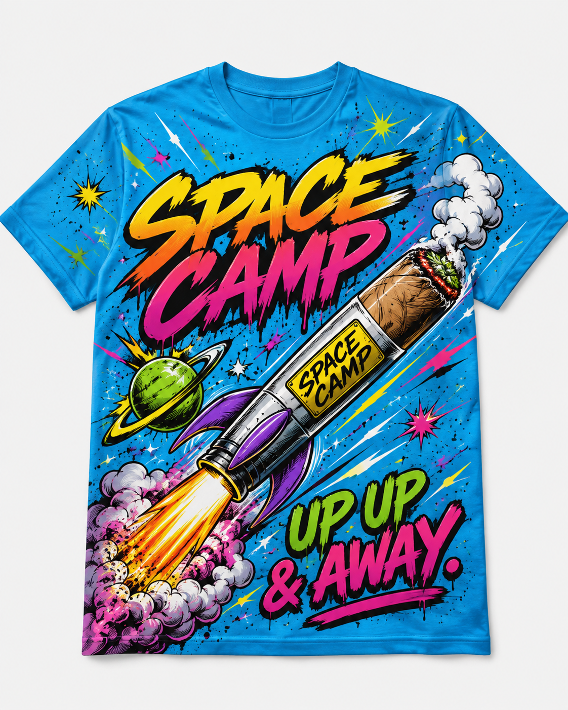 Black graphic tee artwork featuring a cosmic woman in a space helmet with blue and purple nebula colors