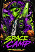 Black graphic tee artwork featuring a green alien counselor in a Space Camp varsity jacket with a cosmic background