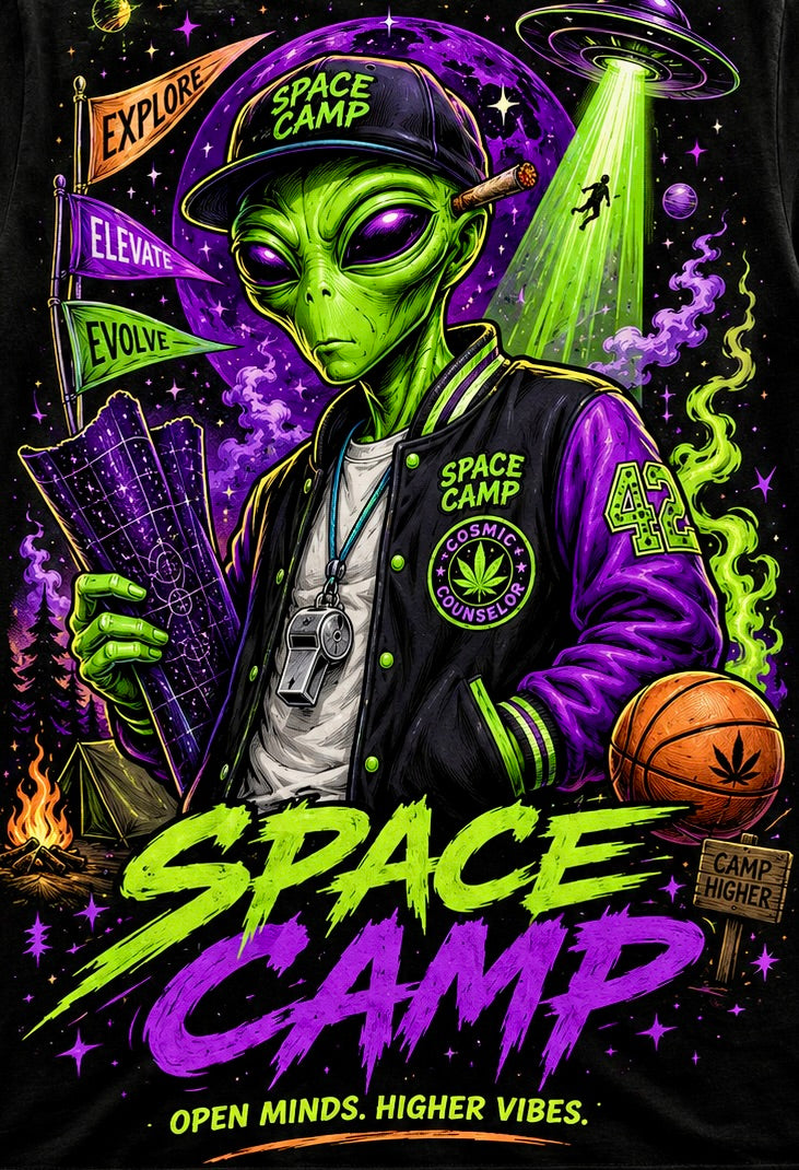 Black graphic tee artwork featuring a green alien counselor in a Space Camp varsity jacket with a cosmic background