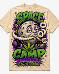 Bright blue graphic tee artwork featuring a colorful Space Camp rocket launching through planets and stars