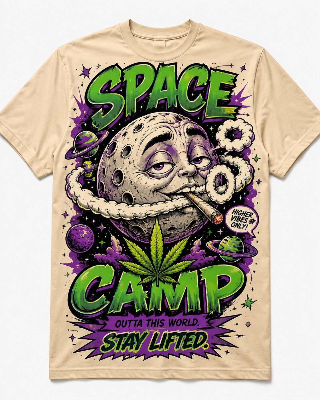 Bright blue graphic tee artwork featuring a colorful Space Camp rocket launching through planets and stars